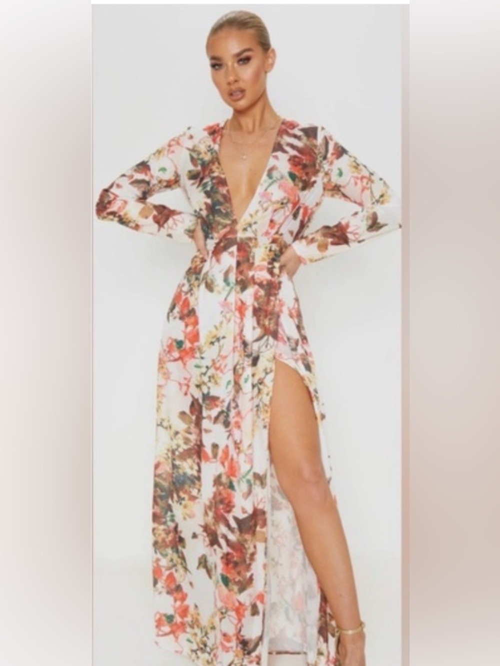 PrettyLittleThing White Maxi Dress with Coral and Brown Floral Design